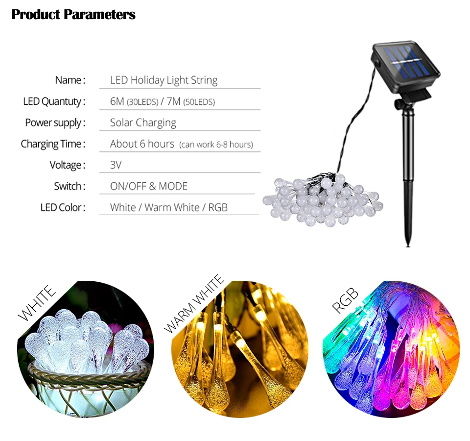 Raindrop Solar Light Lawn Lamp Patio Garden Outdoor Solar LED String Fairy Light Wedding Party Christmas Tree Holiday Decoration (4)