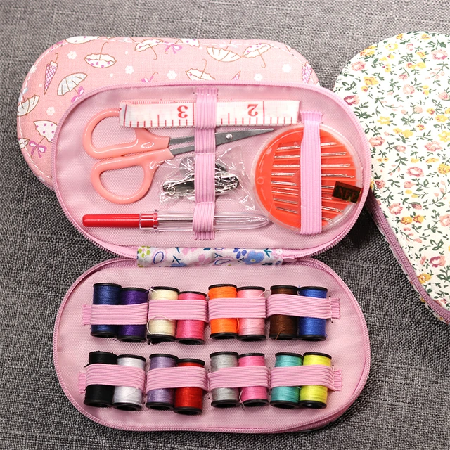 Portable mini travel sewing kits box with color needle threads pin scissor  sewing set with case