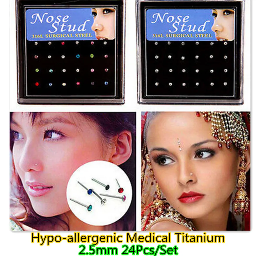 

24 Pcs Fashion Septum Medical Titanium Nose Ring Studs Piercing Silver Crystal Indian Body Clip Hoop For Women Girl Jewelry Gift