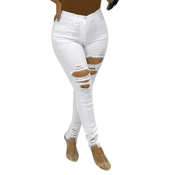 

Jeans Woman 2019 New Ladies Sexy Shredded Jeans Women High Waisted Skinny Elastic Denim Pants Holes Pencil Jeans white 3.18