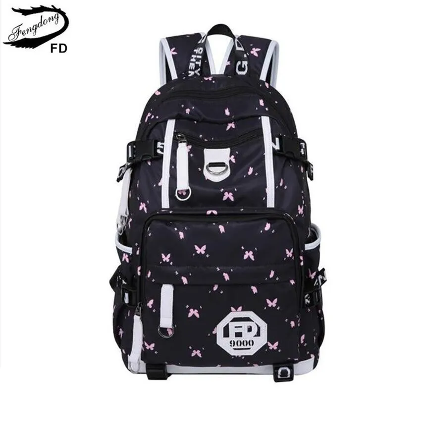 

FengDong female cute butterfly printing backpack large school backpack for women cat bag pack high school bags for teenage girls