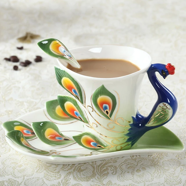 Best Price 1 Pcs Peacock Coffee Cup Ceramic Creative Mugs Bone China 3D Color Enamel Porcelain Cup with Saucer and Spoon Coffee Tea Sets