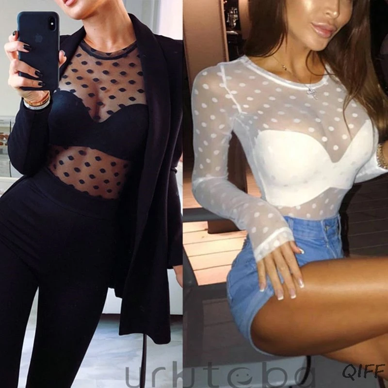 

Women Long Sleeve Sexy Sheer Mesh T-Shirt Retro Polka Dot Crew Neck Blouse Slim Fit Solid Color Pullover Top Nigh Party Clubwear