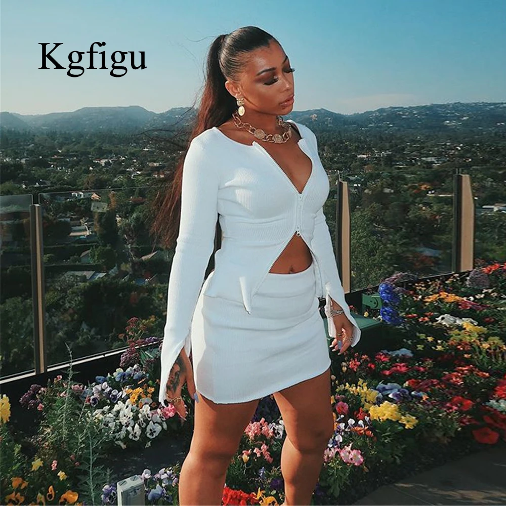 KGFIGU Kylie jenner/комплект из топа и юбки в рубчик 2019 г. осенние комплекты из двух предметов пикантные белые комплекты с длинными рукавами на