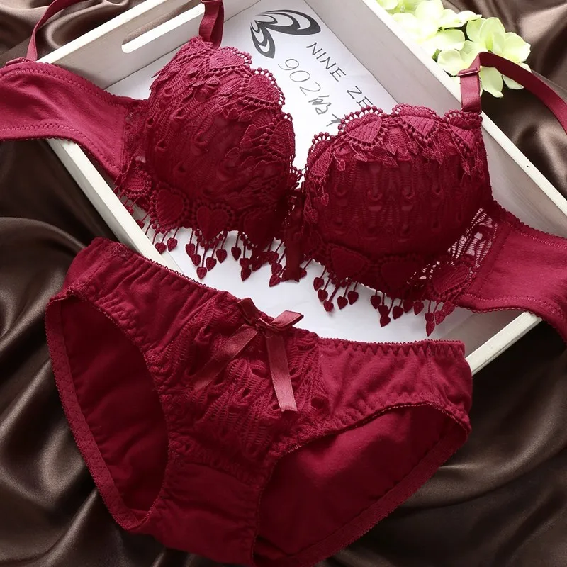 

2019 lingerie bra set wire free sexy Cup AB lace top wine red lace underwear set