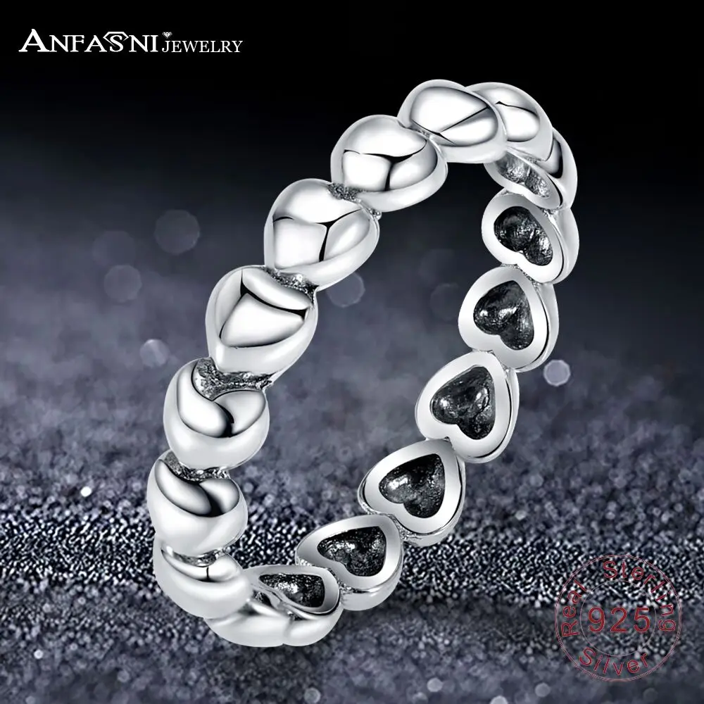 

ANFASNI Genuine 100% 925 Sterling Silver Heart to Heart Finger Rings For Women Valentine's Day Gift Fine Jewelry PSRI0062-B