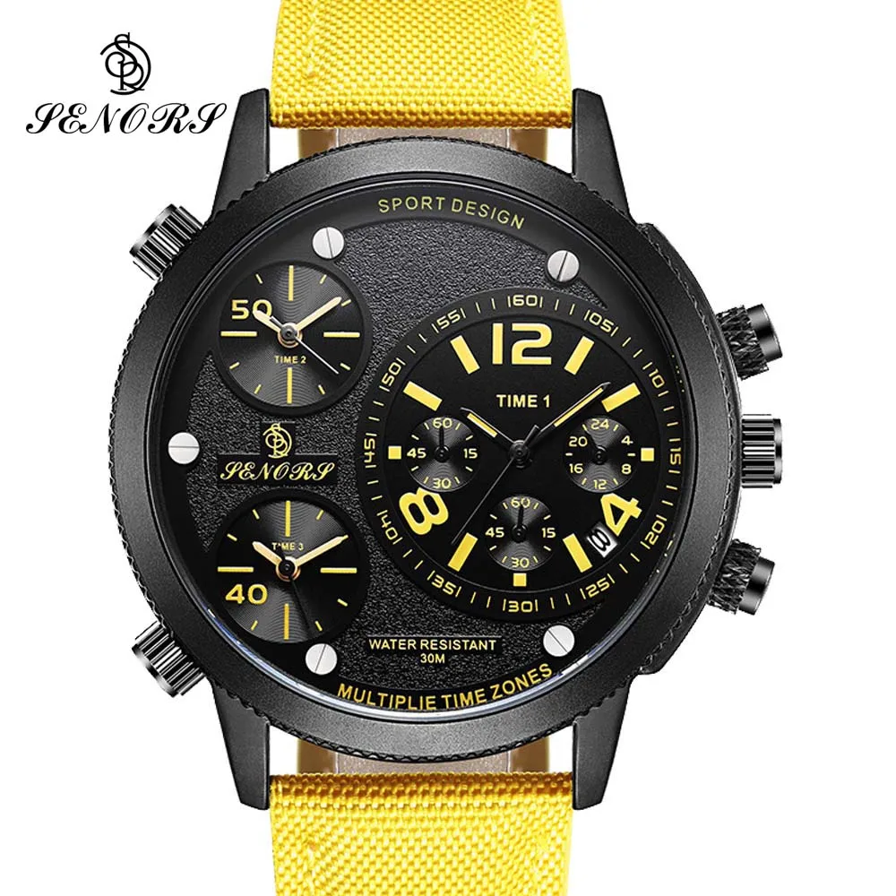 

SENORS Brand Men Sport Watches Three Time Zones Analog Quartz Movement Genuine Silicone Strap Band Buckle Waterproof White Dial