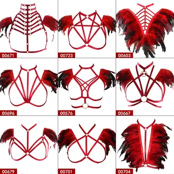 

Wine Red Feather Body Harness Bra Strappy Epaulette Shoulder Wings Plus Size for Women Gothic Festival Dance Costumes Cosplay
