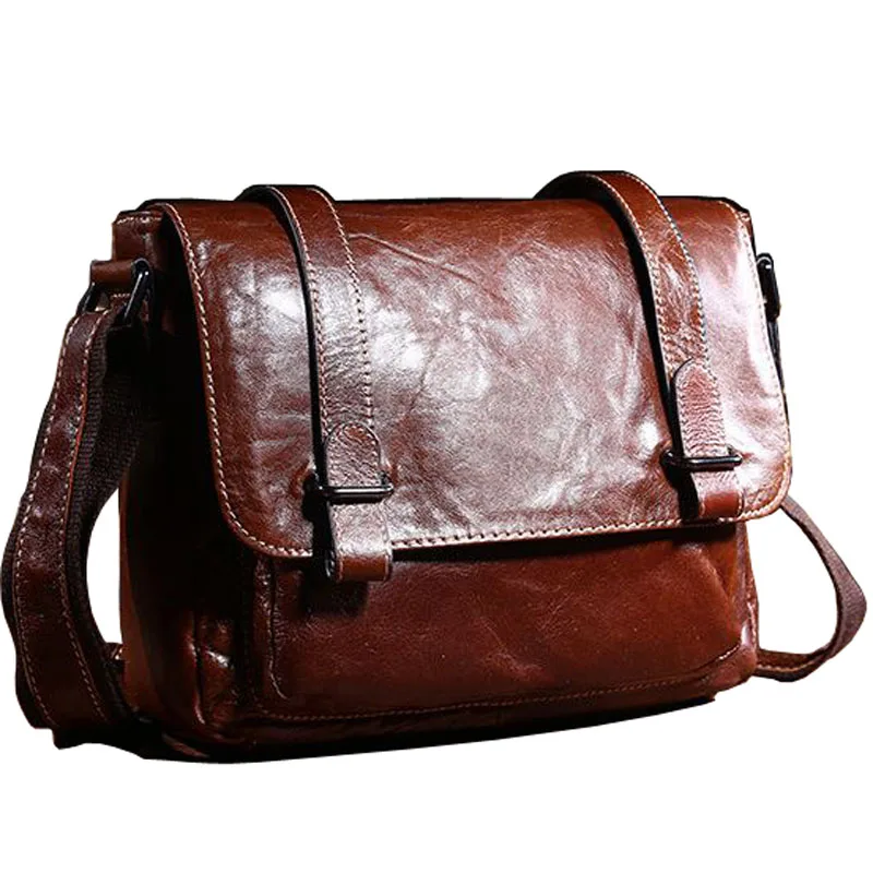

2018 Retro Style Men's Crossbody bag Genuine Leather Messenger bags Small New Brown Oil Wax Leather Briefcase Male Shoulder bag