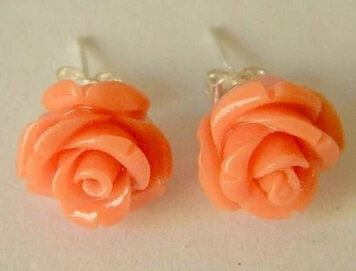 

Bridal jewelry free shipping hot sell 12MM Pink Japan Sea Coral Carved Flower Earring Silver Stud AAA Grade
