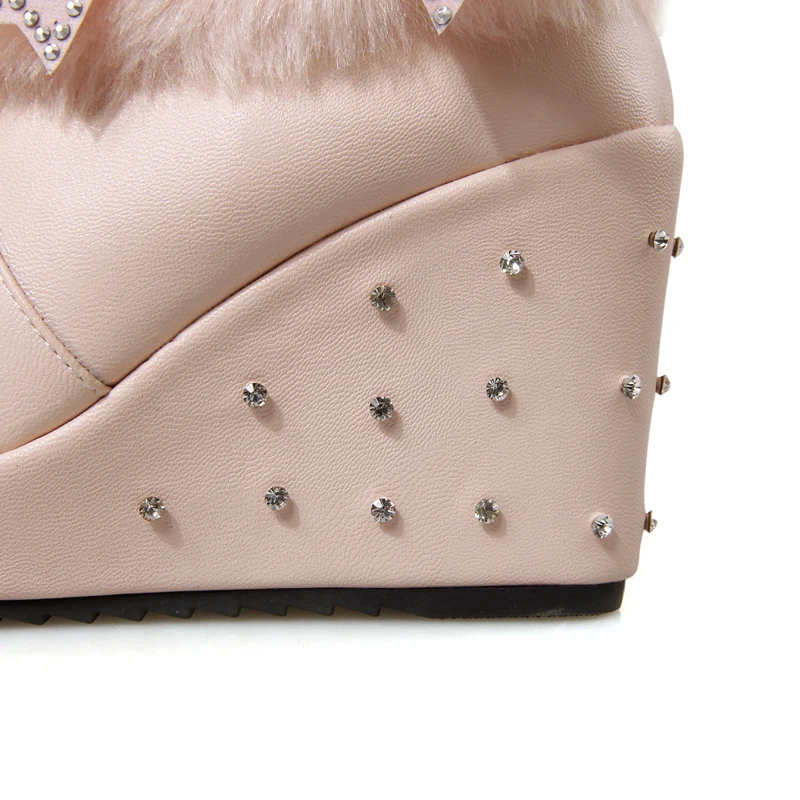 YMECHIC/Женская обувь; сезон зима-осень; цвет розовый, белый, черный; милая обувь, увеличивающая рост; обувь на танкетке; стразы; бант; женские ботинки на меху