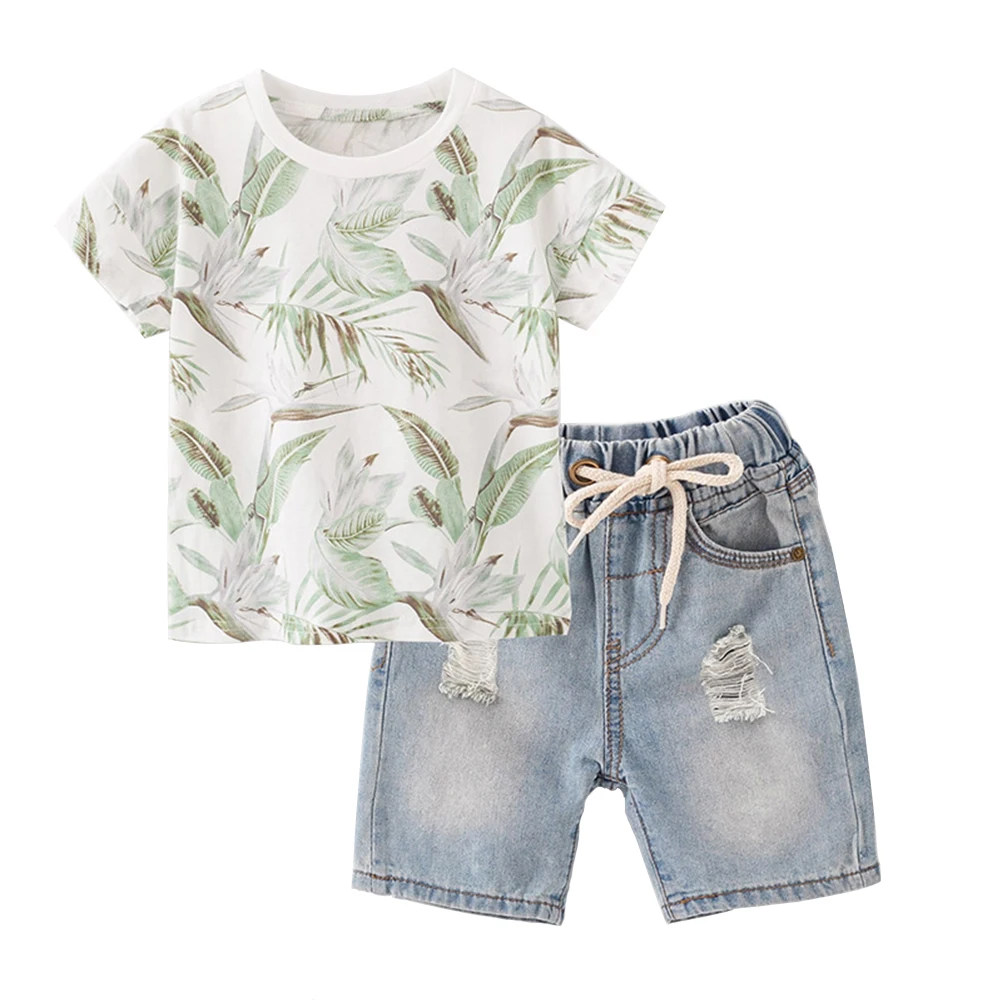 BINIDUCKLING/летний модный комплект одежды для маленьких мальчиков с рисунком листьев, футболка с короткими рукавами+ шорты, хлопковая детская одежда для малышей