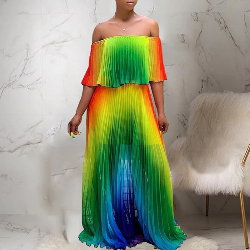 

Bohemian off shoulder maxi dress women strapless long pleated dress 2019 Fashion boho beach party dresses robe femme