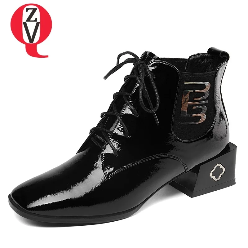 

ZVQ 2018 winter warm new fashion square toe patent leather shoes women med square heel lace-up black outside comfortable booties