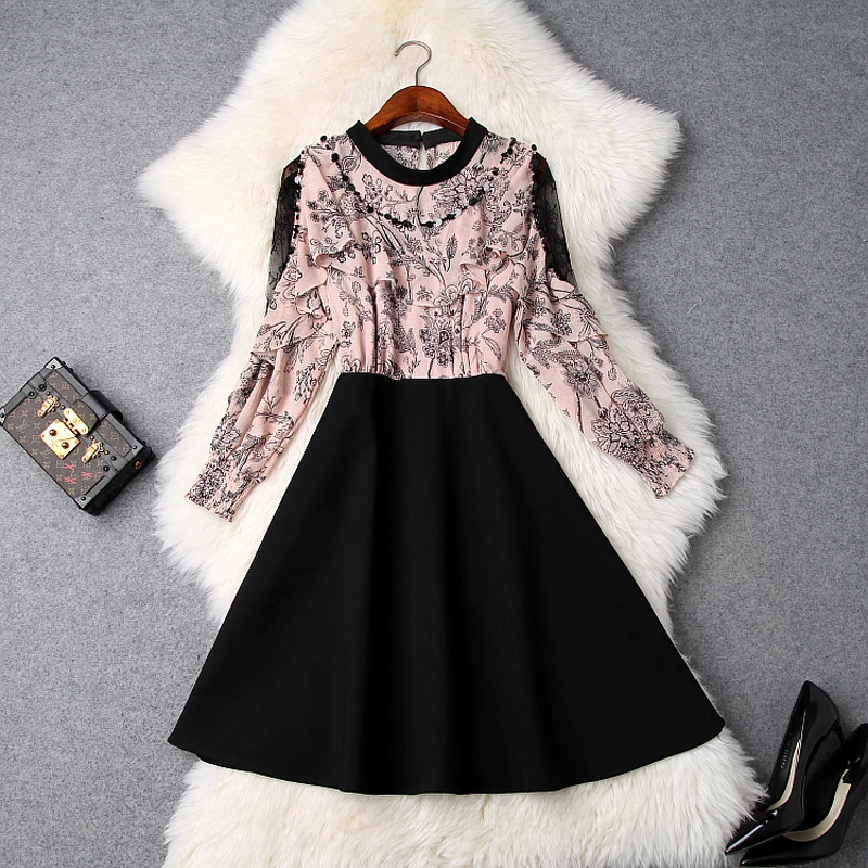 

woman party dress 2019 new High quality spring summer Retro elegant Flower shirt mini Dress Patchwork Beading Ruffles dresses XL