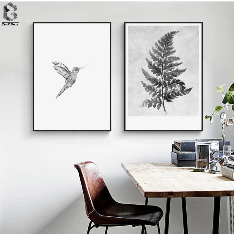 

Nordic Canvas Posters and Prints Wall art Leaf Painting Black & White Little Bird Wall Pictures for Home Decoration, Wall Decor