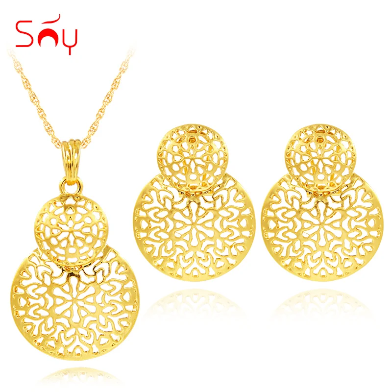 

Sunny Jewelry Alloy Hollow Out Double Round Fashion Jewelry 2019 Necklace Earrings Pendant Women Jewelry Sets For Party Daily