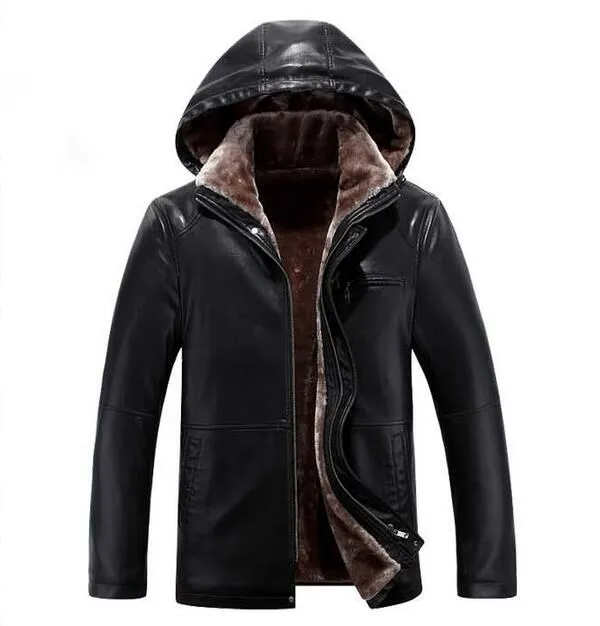 Russian Winter Minus 30 Degrees Faux Leather Jackets Men Hooded Thicken