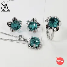 SA SILVERAGE 925 пробы Серебряный цветок ожерелье серьги гвоздики Кольца Ювелирные наборы синий/зеленый/розовый красный цвет Кристалл Ювелирные наборы