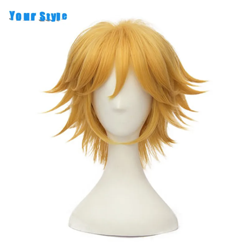 

Your Style Short Yellow Curly Male Mens Wigs Cosplay Party Natural Fake Hair Synthetic High Temperature Fiber