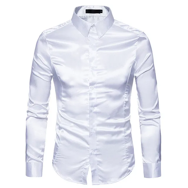 White satin button up shirt mens Clearance