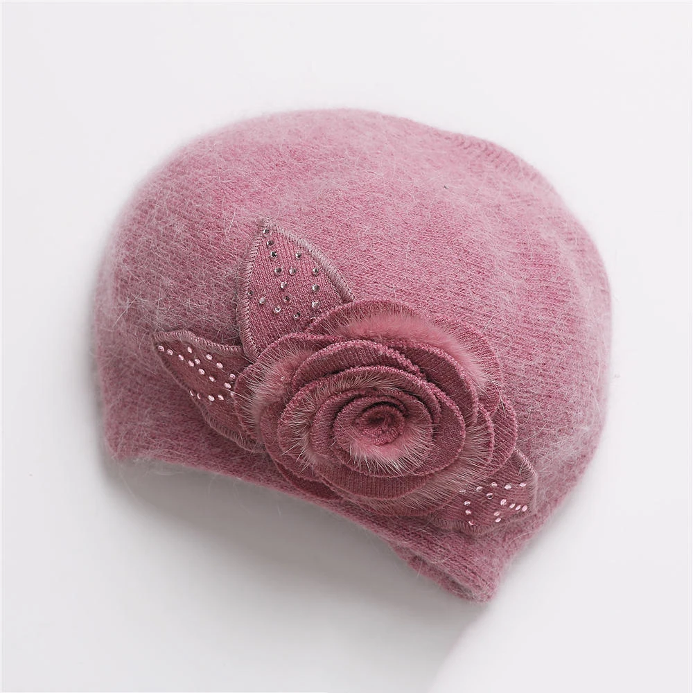 Angora Beret Women Winter Hat Knit Cap Beanie Headwear Warm Flower Casual Soft Classic Thermal Snow Outdoor Accessory (2)