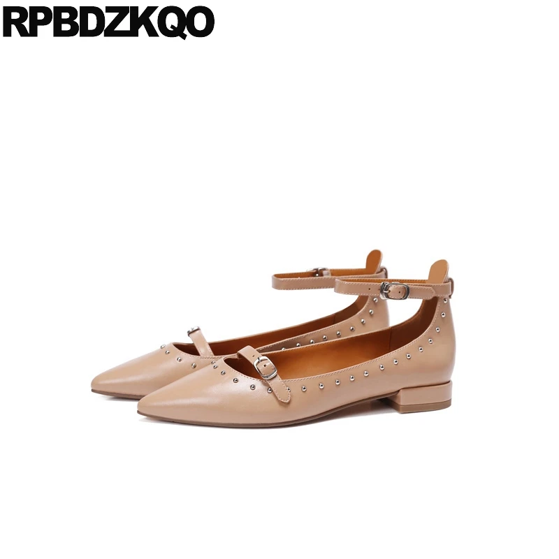 

Ankle Strap Ladies Pointed Toe British Style Retro Metal Runway Mary Jane Nude Stud Designer Shoes Women Luxury 2018 Flats Rivet