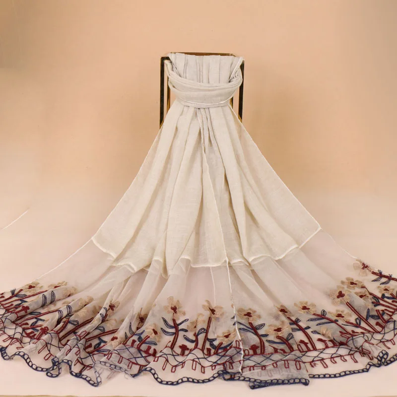 

Women Cotton Linen Bandana Crinkle Hijab Shawl Scarves New Lace Embroidery Plain Flower Sjaal Foulard Wrap Head Neck Beach Scarf