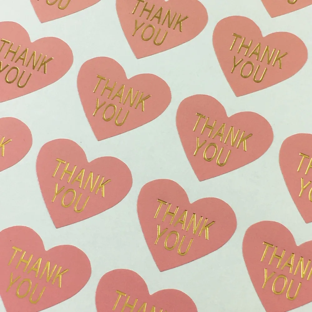

500PCS Pink Thermoprinting Gold Thank you Labels wedding Heart-shaped Stickers Labels Adhesive Labels For Car/Gift/iphone/boxes
