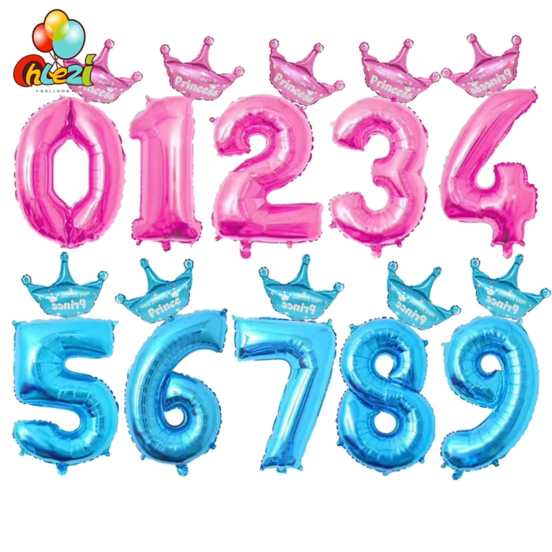 2 шт. 32 дюйма розовый и голубой номер цифры фольги Воздушные шары 1 2 3 4 5 6 7 8 9 лет ребенок Мальчики Девочки День рождения корона фольги воздушный шар Декор