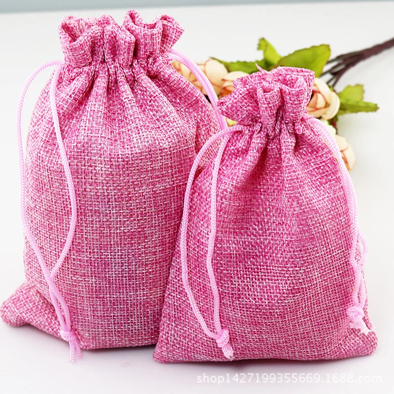 

High quality 100 pcs/lot Pink Mini Jute Pouch linen drawstring small gift packaging Bag Wedding jewelry packing pouch (7x9 cm)