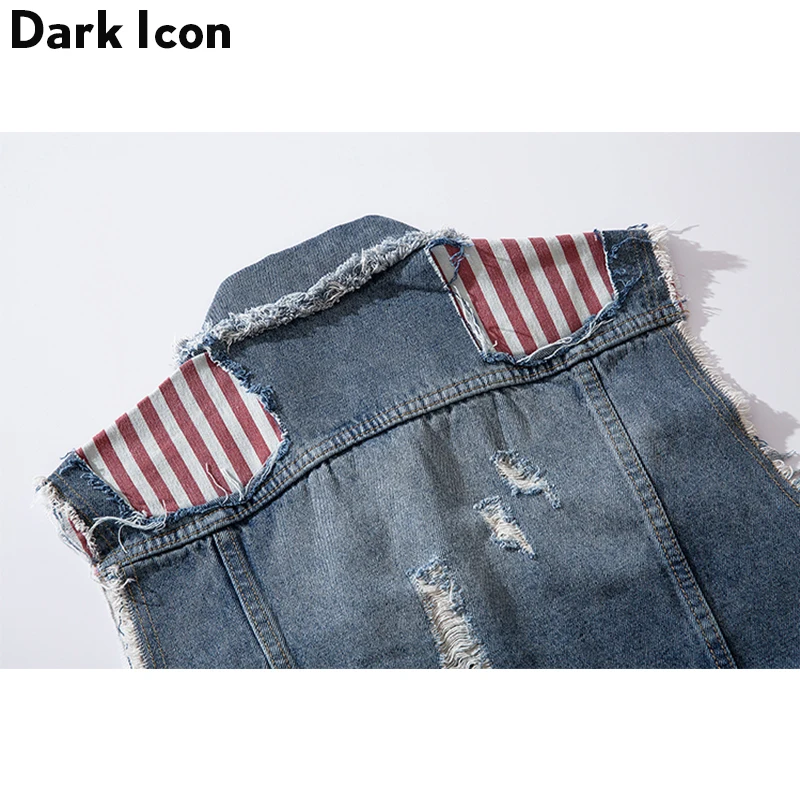 Dark Icon Ripped Patchwork Men's Vest New Fashion Denim Vest Hip Hop Vest Men Streetwear Clothing