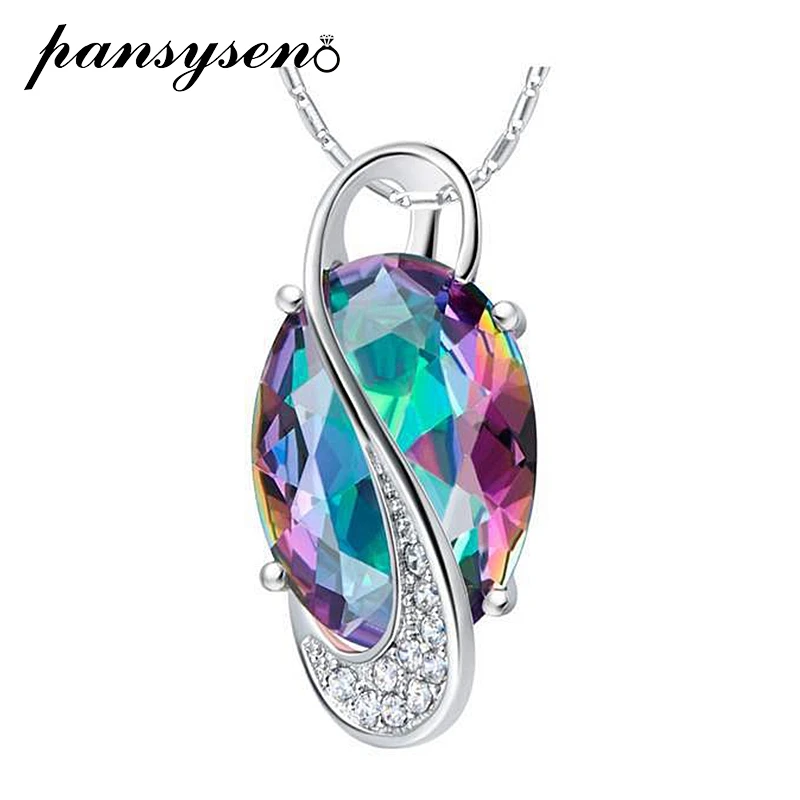 PANSYSEN, 925 пробы, серебряное ожерелье с подвеской, драгоценный камень, Радужный топаз, ожерелье, романтический свадебный подарок для женщин, хорошее ювелирное изделие
