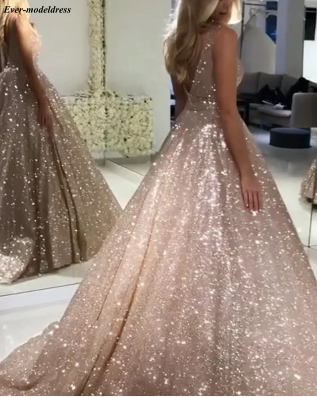 short formal dresses Shiny Luxury Prom Dresses 2021 Long Deep V-Neck Backless Sparkle Tulle A-Line Sexy Evening Party Gowns Robe De Soiree Customized cute prom dresses