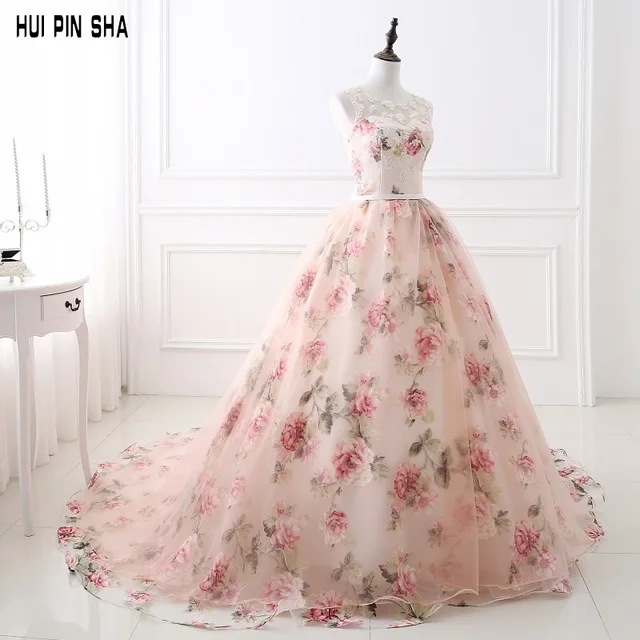 2018 vestido de Baile Tribunal Trem Organza Prom Vestidos Longos Apliques de Flores Impresso