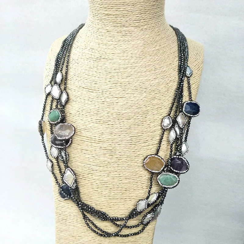 

10 Strands Hematite beads necklace,handmade pave Crystal Rhinestone Lapis spar amazon stone pendant necklaces for women NK213