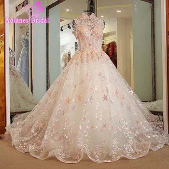 

AOLANES Robe de soiree Appliques Flowers Wedding Dresses 2017 High Neck Sleeveless Court Train Ball Gown Lace Up Wedding Gown