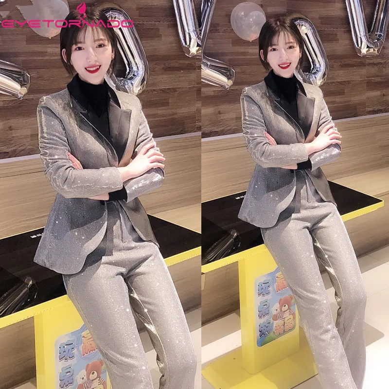 Blazer Long V Bureau Femmes Tenue Cou Set 2 Veste Unique De Mince Mode Travail Staight Bouton Pantalon Outfit Bling Pièces Argent tvwq1Pv