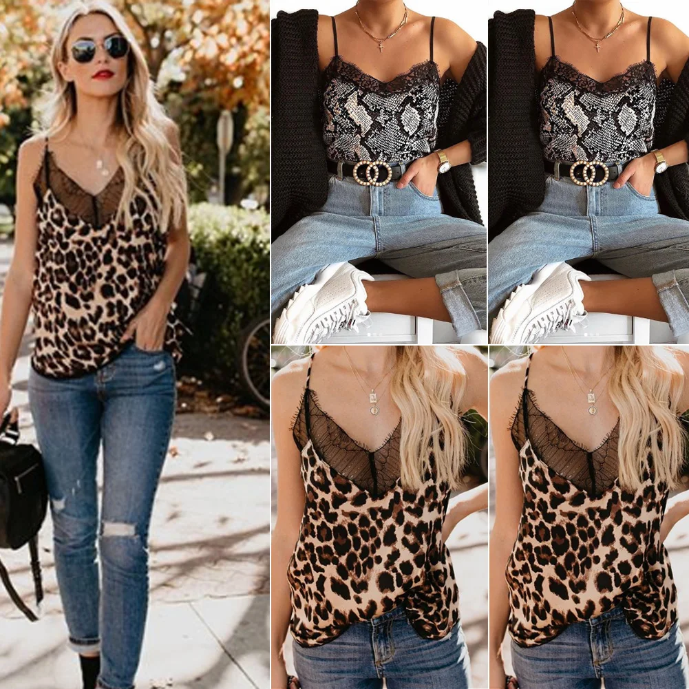 New Brand Summer Cami Women Sexy Sleeveless V Neck Leopard Print Snake Print Camis Lace Patchwork Slim Club Party Top Camisole