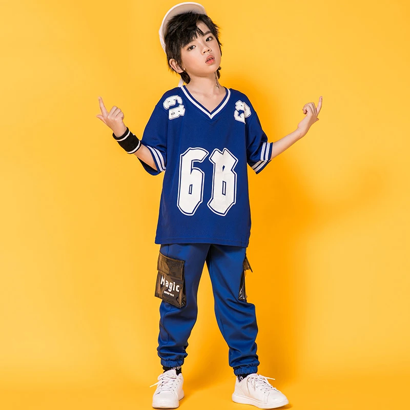 

New HipHop Boys Costume Dance Blue Suit Long Trouser For Street Dance Wear Children Sport Stage Hip Hop Dance Clothes BL1934