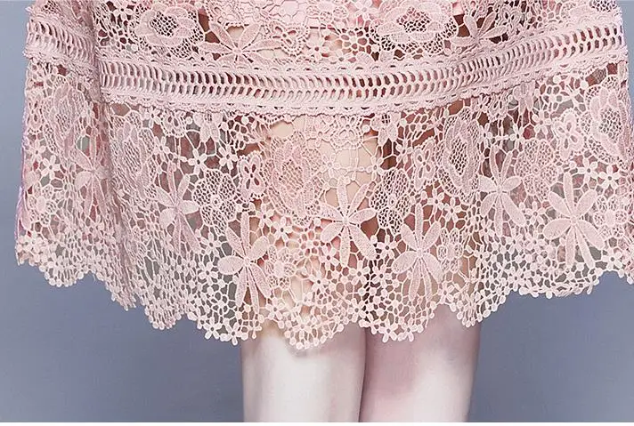 YiLin Kay Green/Pink lace stitching Hollow out summer dress fashion Runway Elegant lace Hollow-out crocheted long dress