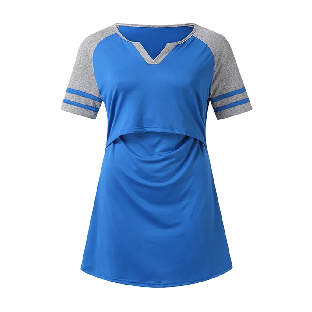 Рубашка для грудного кормления с короткими рукавами для беременных женщин, топы для кормления, футболки для беременных, одежда для кормления - Цвет: Синий