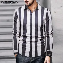 INCERUN, модная, полосатая, деловая рубашка, мужская, приталенная, длинный рукав, с отворотом, на шее, повседневные топы,, сорочка, мужская, брендовая, под платье, рубашка, S-5XL