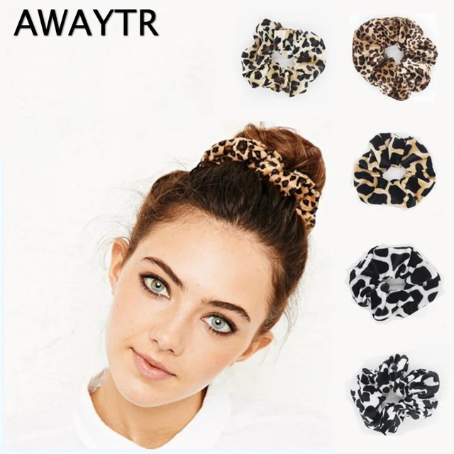 AWAYTR 2Pcs Soft Animal Leopard Velvet Hair Scrunchie Ponytail Loop Holder Stretchy Elastic Hair band for women Hair Accessories