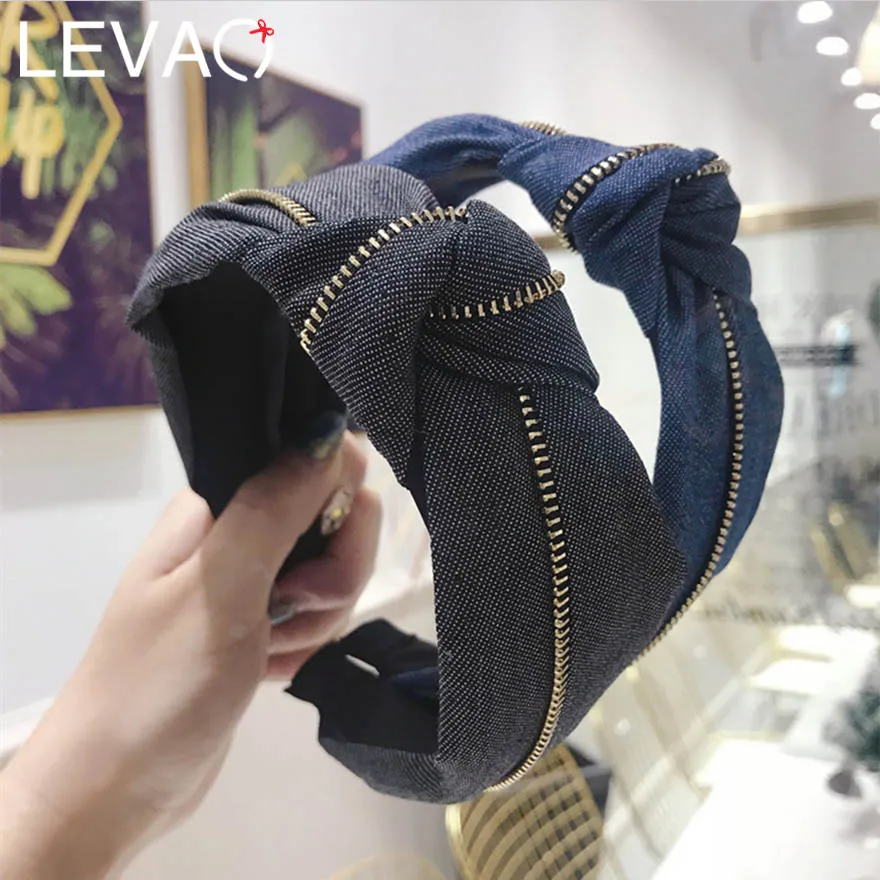 

Levao Special Fashion Jeans Cloth Zipper Female Hairbands for Party High-end Middle Knot Wide-edged Headbands Hair Accessories