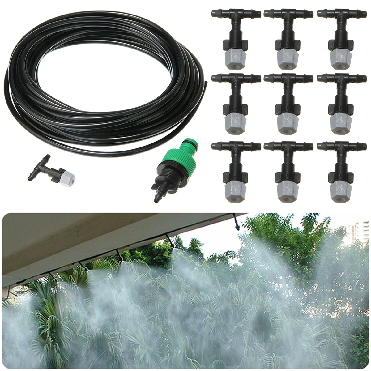 

10m Water Misting Cooling Irrigation System Sprinkler +10pc Nozzle Garden Garden Patio Waterring Irrigation Sprinklers