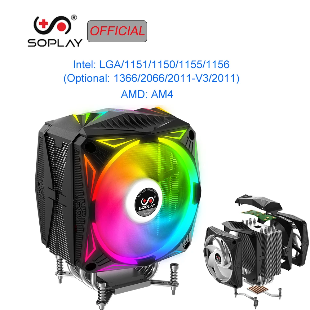 

SOPLAY CPU Cooler RGB Fan Cooler Radiator Hydraulic Bearing Support 5V RGB Fan 4PIN PWM For Intel 2011 1151 1156 AMD AM4