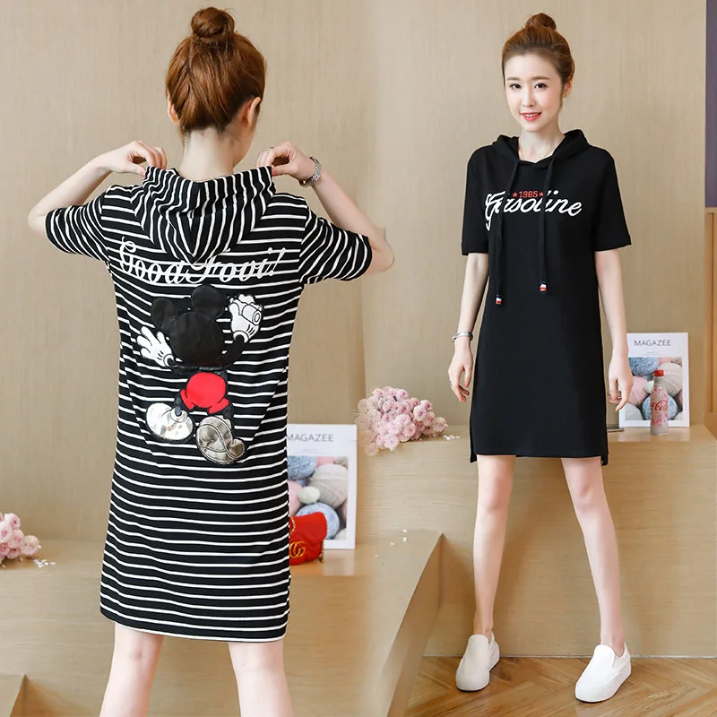 

2018 Summer Loose Dress for Pregnant Women Clothes Short Sleeve Cartoon Mickey Embroidered Knitting Casual Dresses with Hooded