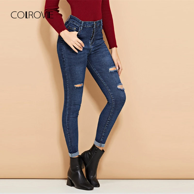 COLROVIE Blue Ripped Roll-Up Hole Casual Denim Jeans Woman 2018 Autumn Solid Boyfriend Women Jeans Female Skinny Pencil Pants
