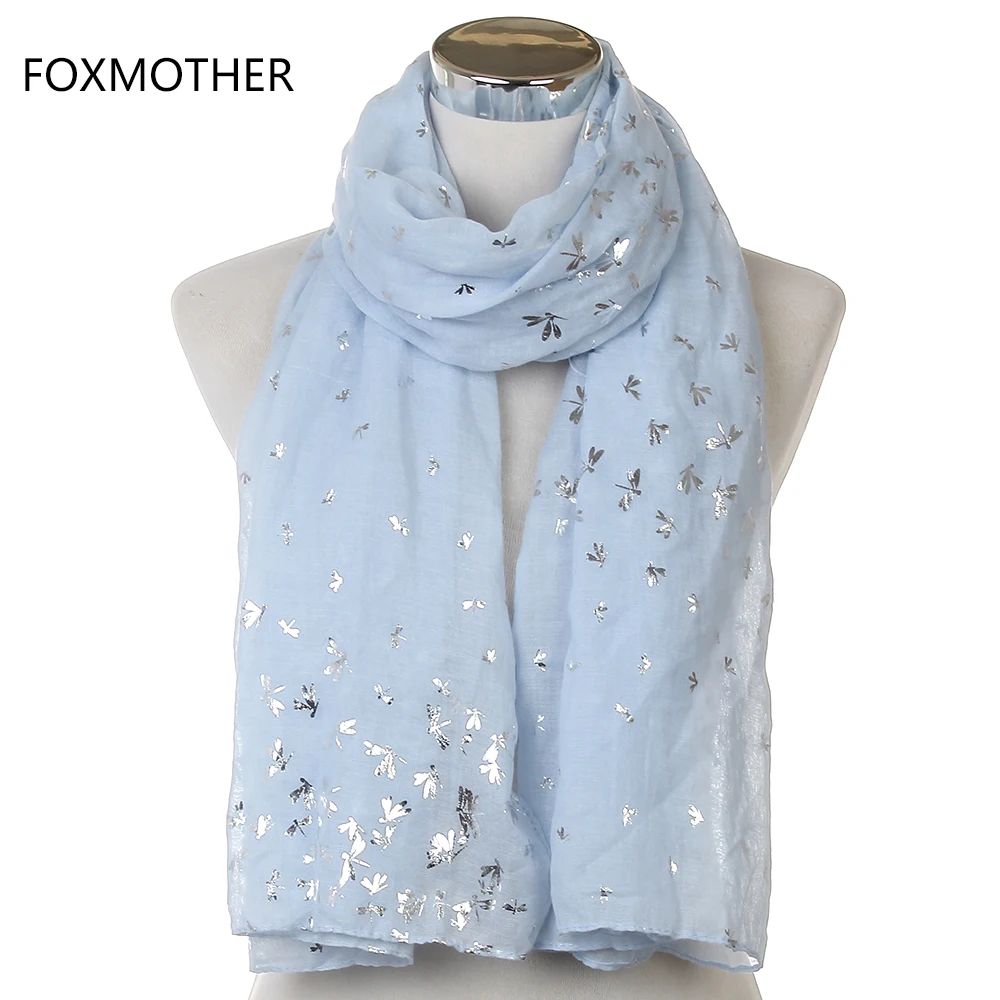 

FOXMOTHER 2018 New Design Womens Fashion Shiny Foil Silver Sky Blue Pink Grey Dragonfly Hijab Scarf Shawls